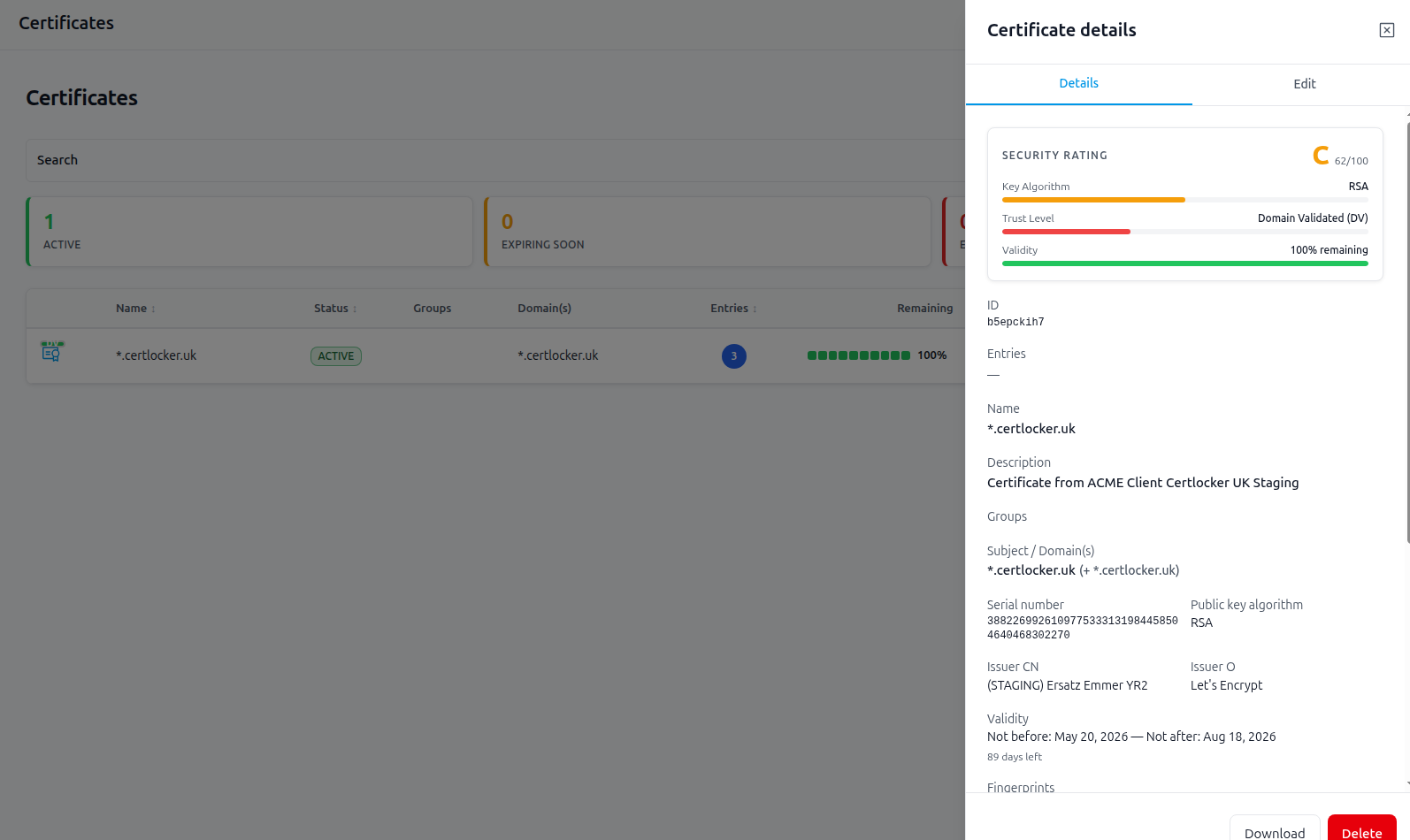 Certificate detail with Let's Encrypt staging issuer