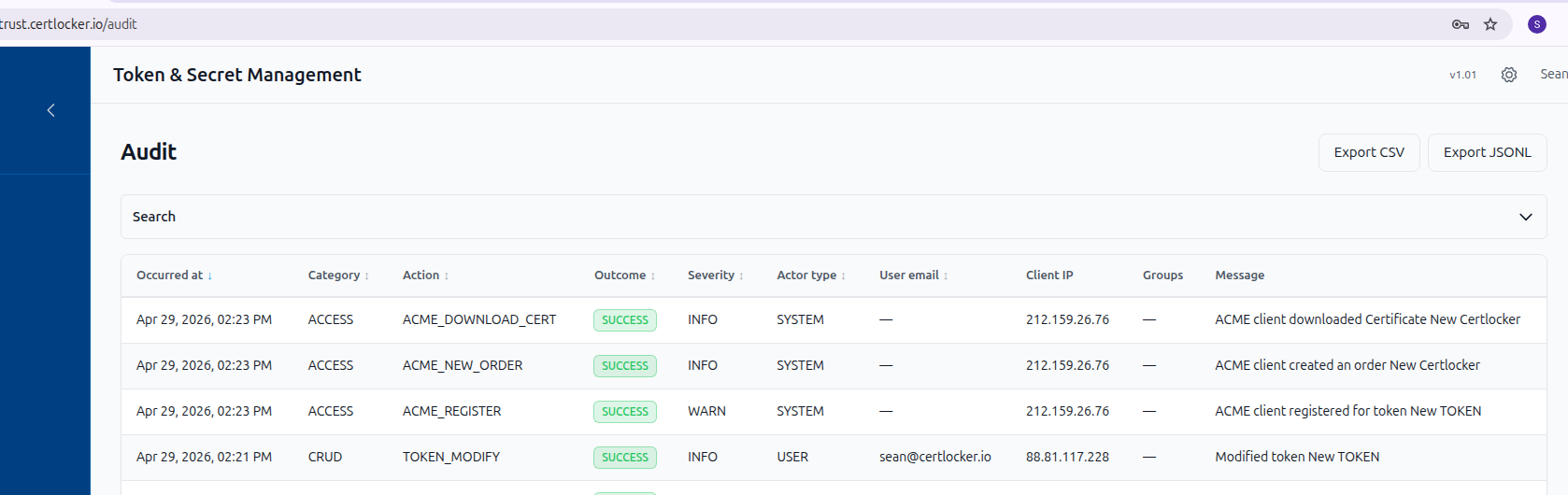 CertLocker audit log with ACME register, order, and download success events