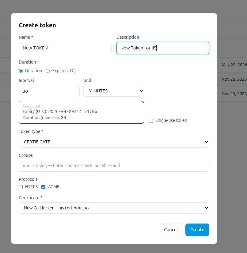 CertLocker create token modal with certificate token and ACME enabled