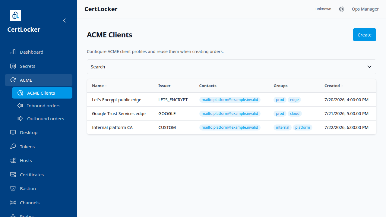 CertLocker ACME Clients screen showing Lets Encrypt, Google Trust Services, and a private ACME directory as reusable client configurations