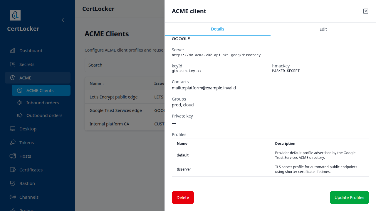 CertLocker ACME client detail drawer for Google Trust Services showing provider profile metadata and masked external account binding fields