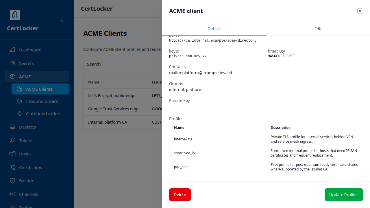 CertLocker ACME client detail drawer for a private ACME directory showing internal TLS, short-lived IP, and PQC pilot profile examples