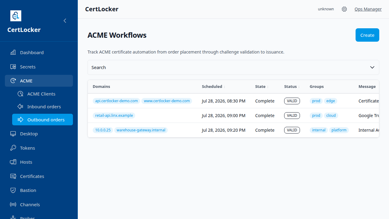 CertLocker ACME Workflows overview showing completed orders across Lets Encrypt, Google Trust Services, and a private internal ACME directory