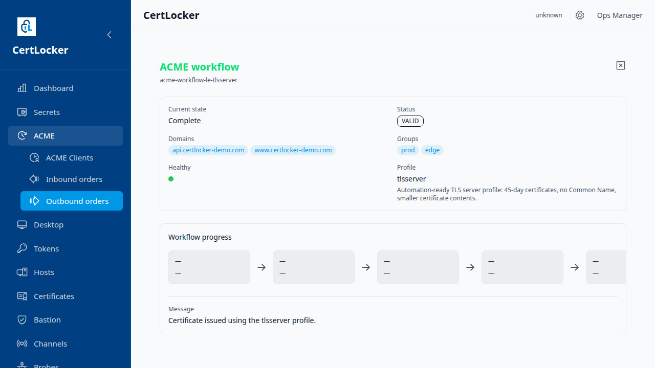 CertLocker ACME workflow detail panel showing selected tlsserver profile and workflow progress