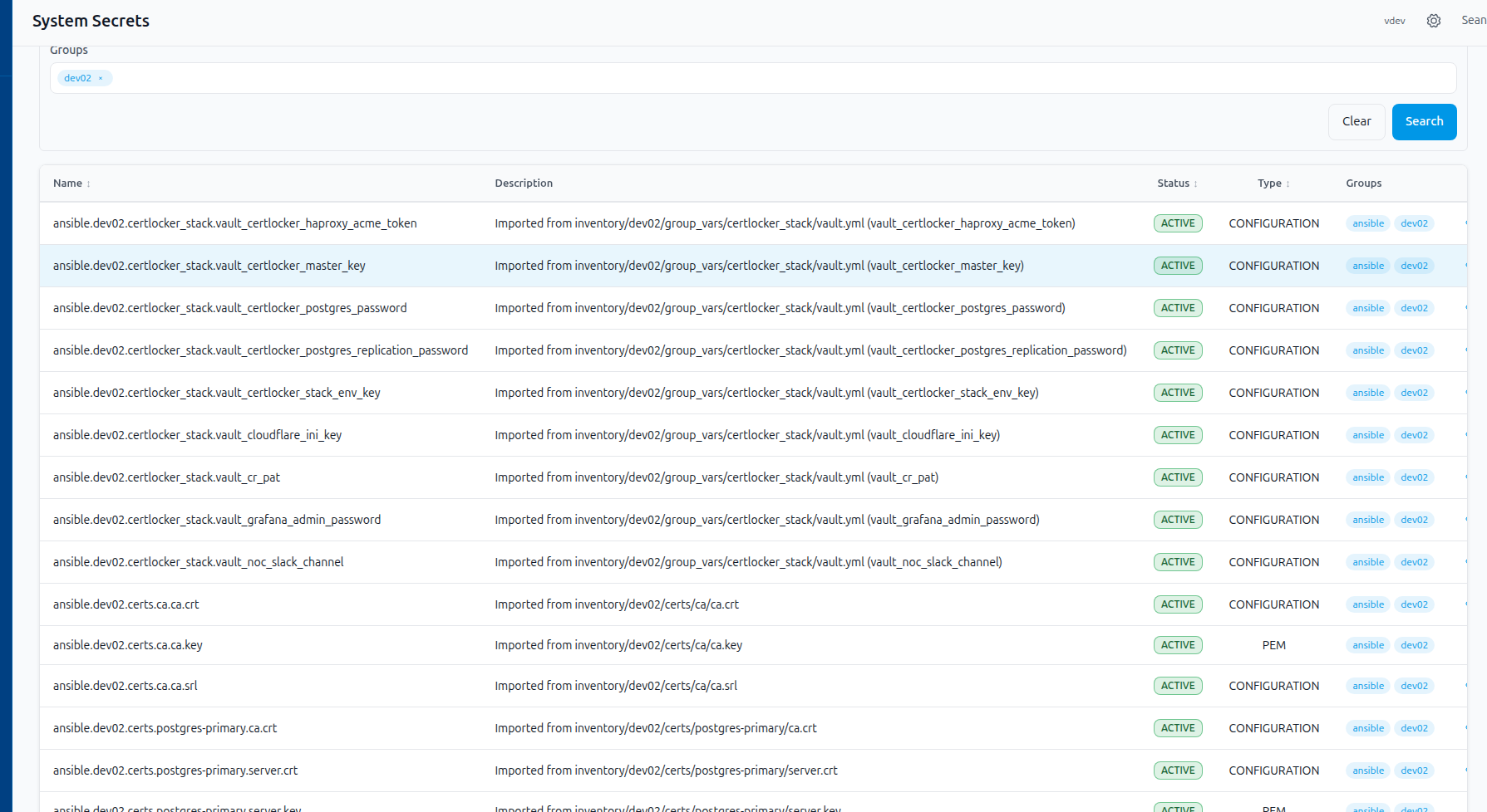 CertLocker System Secrets filtered by dev02, showing Ansible records, certificate records, active status, types, and groups