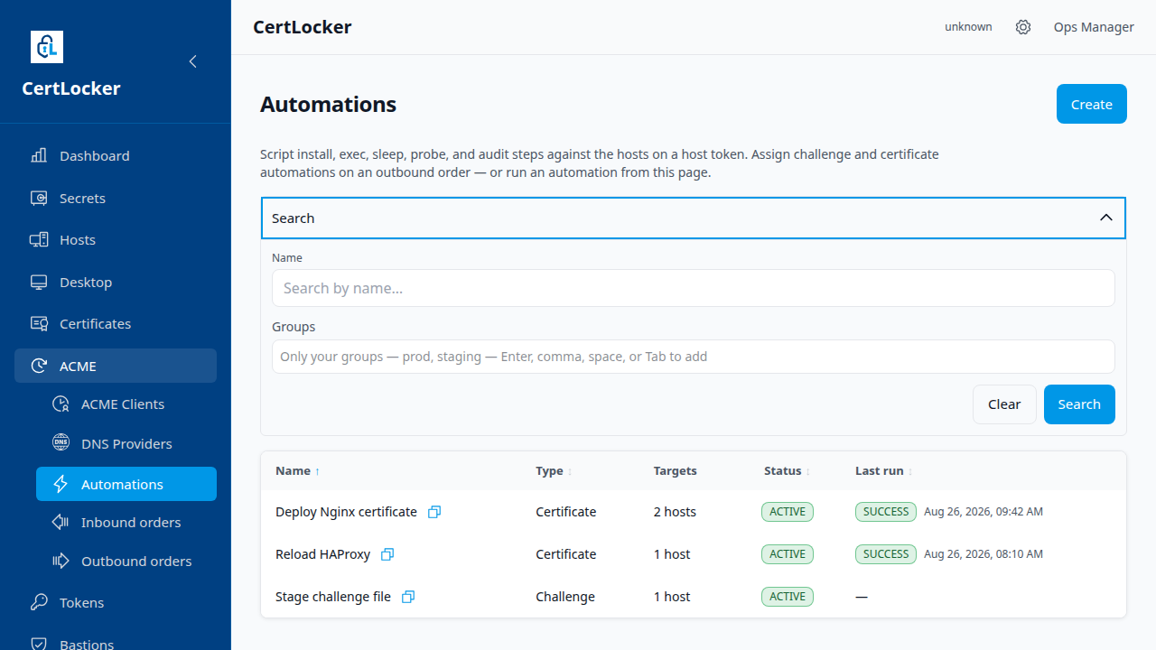 CertLocker Automations page showing active Nginx, HAProxy and ACME challenge automations