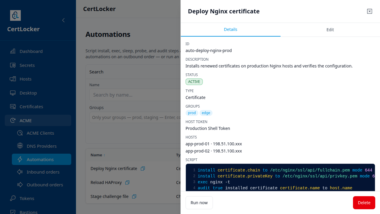 Nginx certificate automation detail showing scoped host token, target hosts and certificate installation language