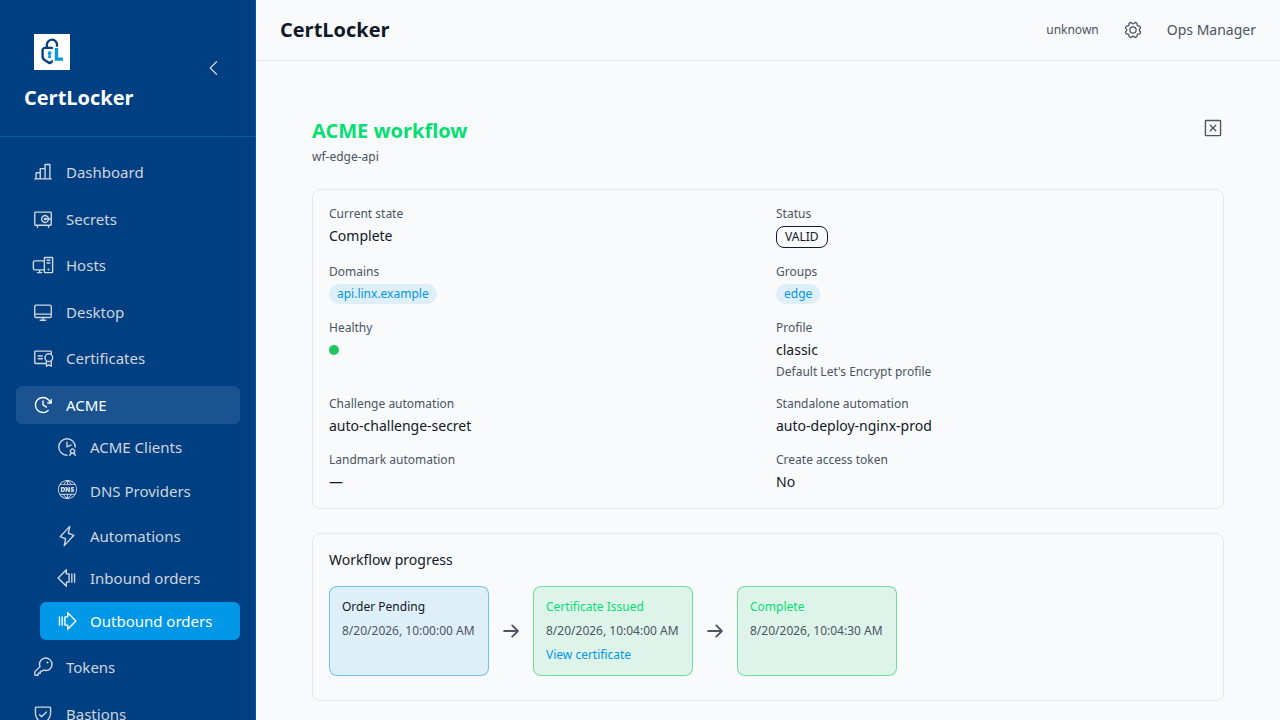 Completed CertLocker ACME workflow showing the certificate automation, challenge automation and workflow progress