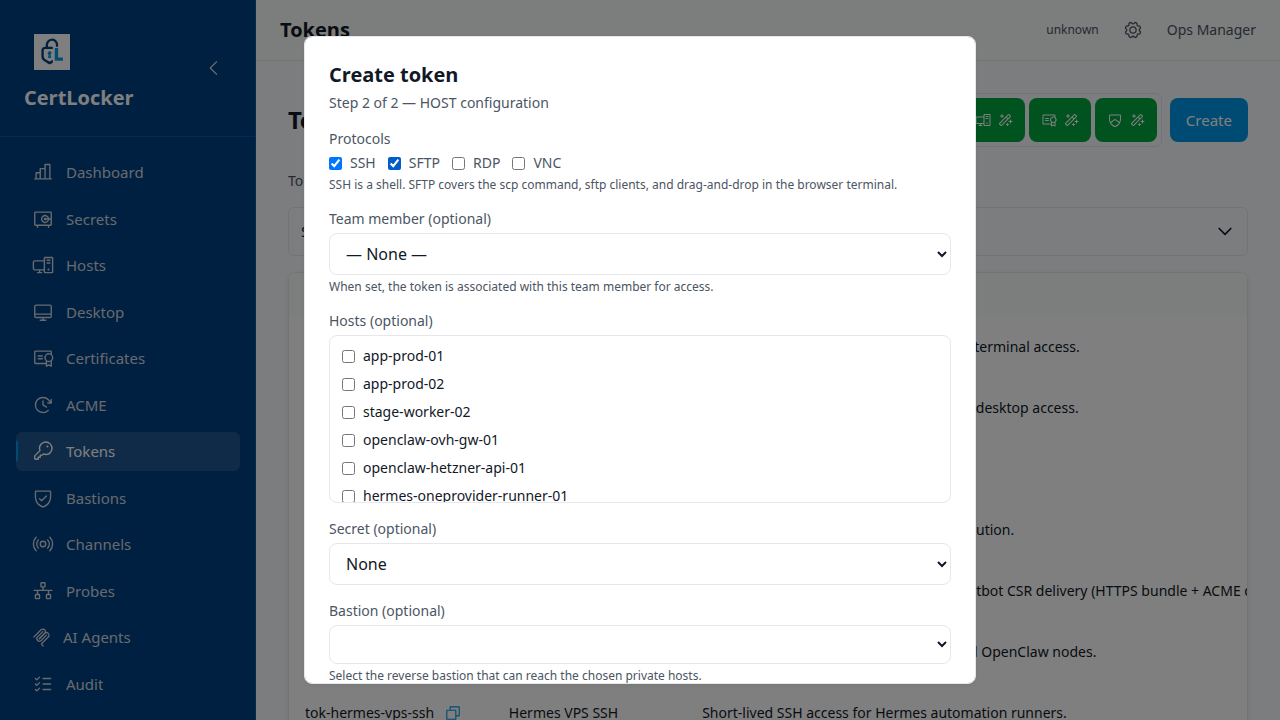 CertLocker host token setup showing separate SSH and SFTP protocol checkboxes, with both enabled for browser terminal file upload