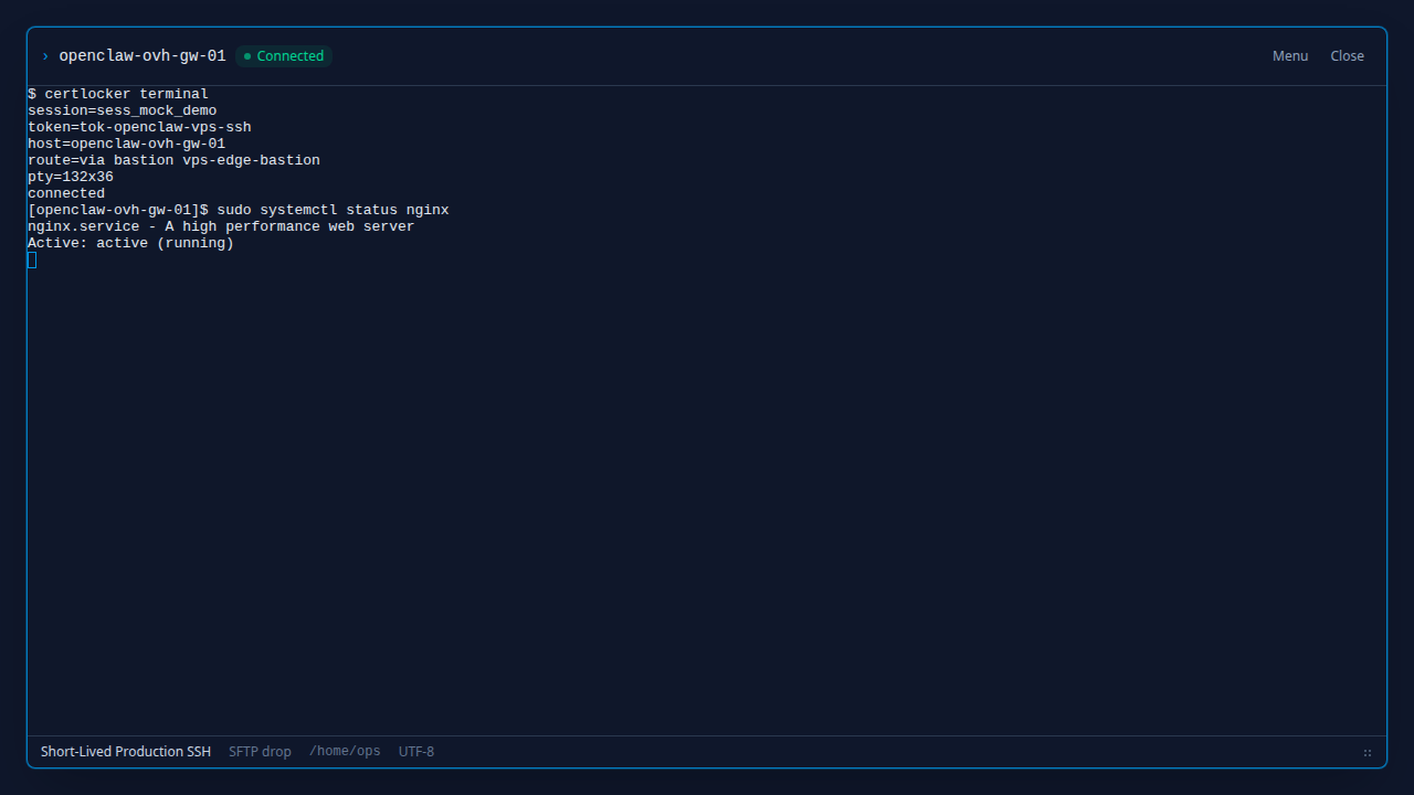 Connected CertLocker browser terminal showing SFTP drop enabled and the current remote directory as slash home slash ops