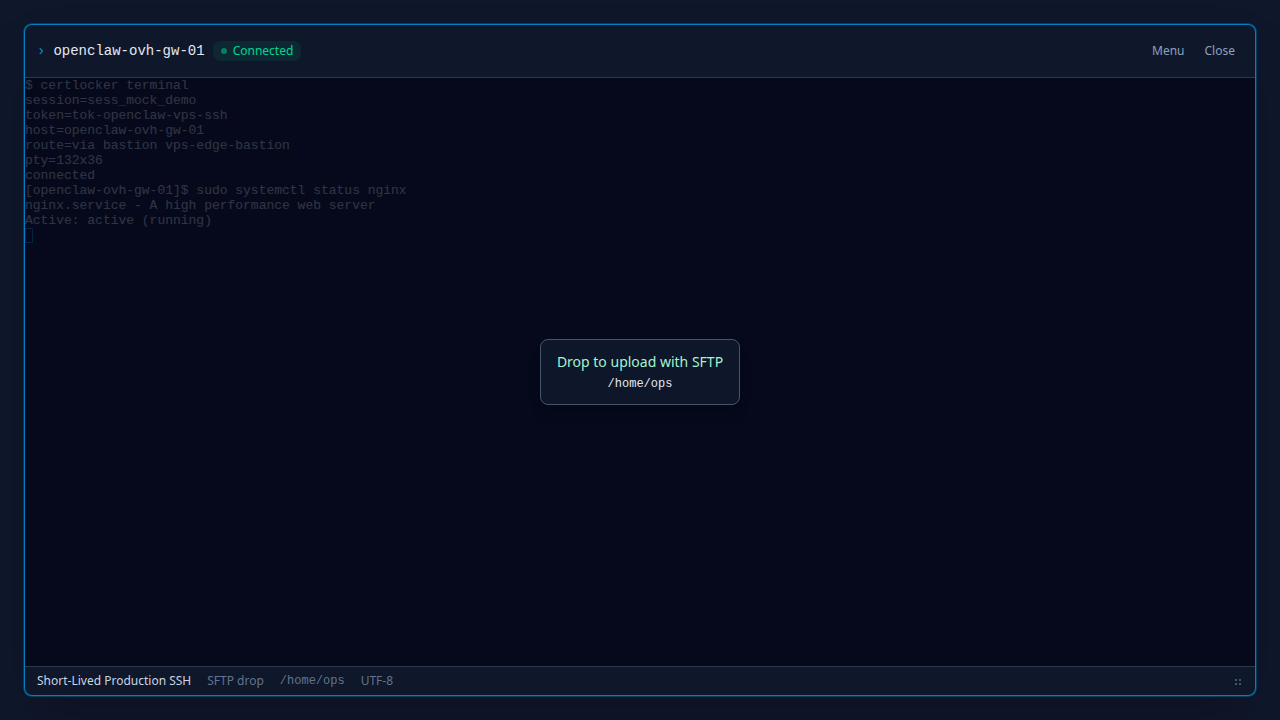 CertLocker browser terminal drag target reading Drop to upload with SFTP and showing the destination directory slash home slash ops