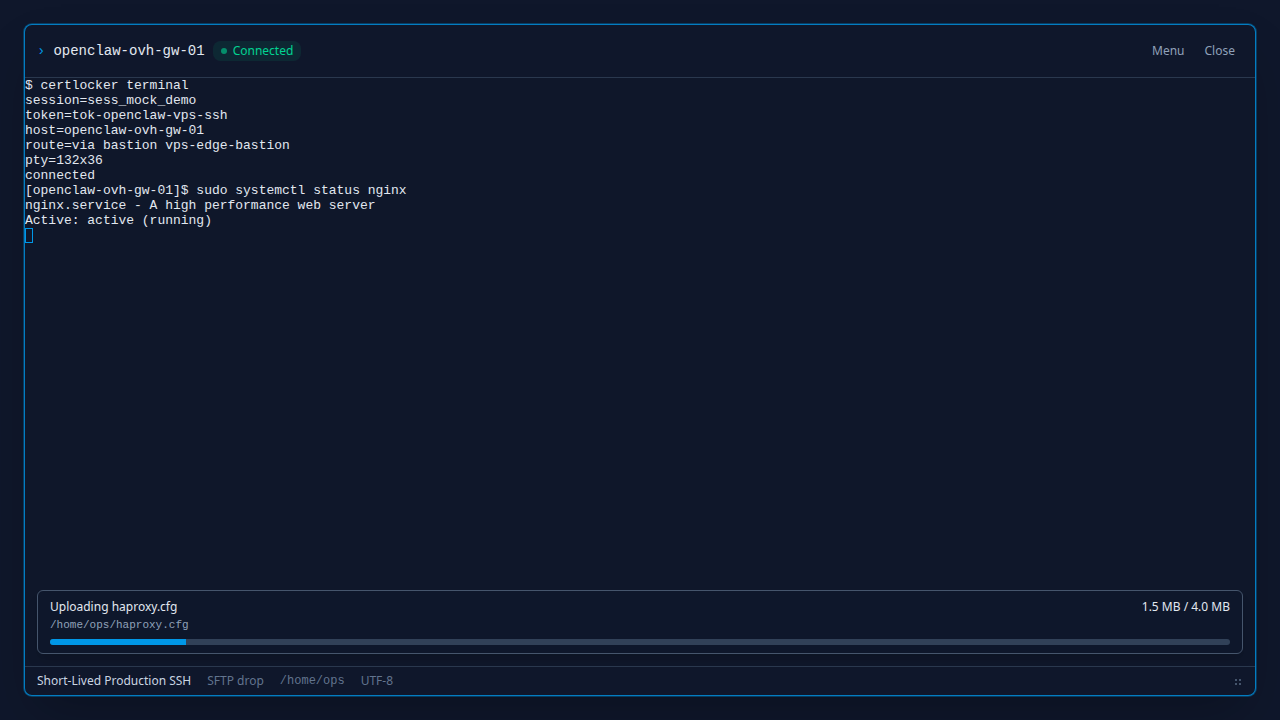 CertLocker browser terminal uploading haproxy.cfg to slash home slash ops with byte counts and a visible progress bar
