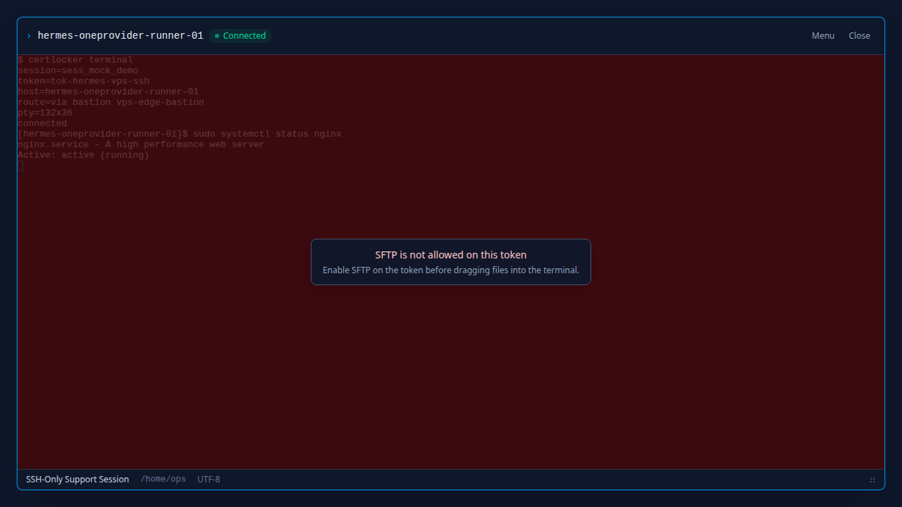 CertLocker browser terminal refusing a file drop because SFTP is not allowed on the SSH-only token