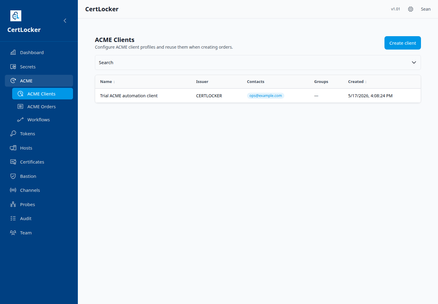 CertLocker ACME clients screen in the light UI