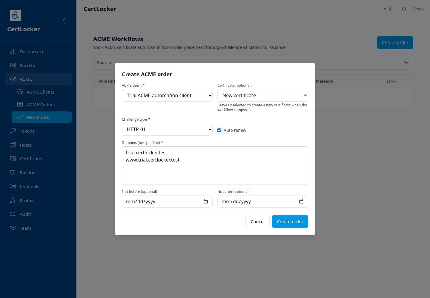 CertLocker ACME workflow create order modal in the light UI