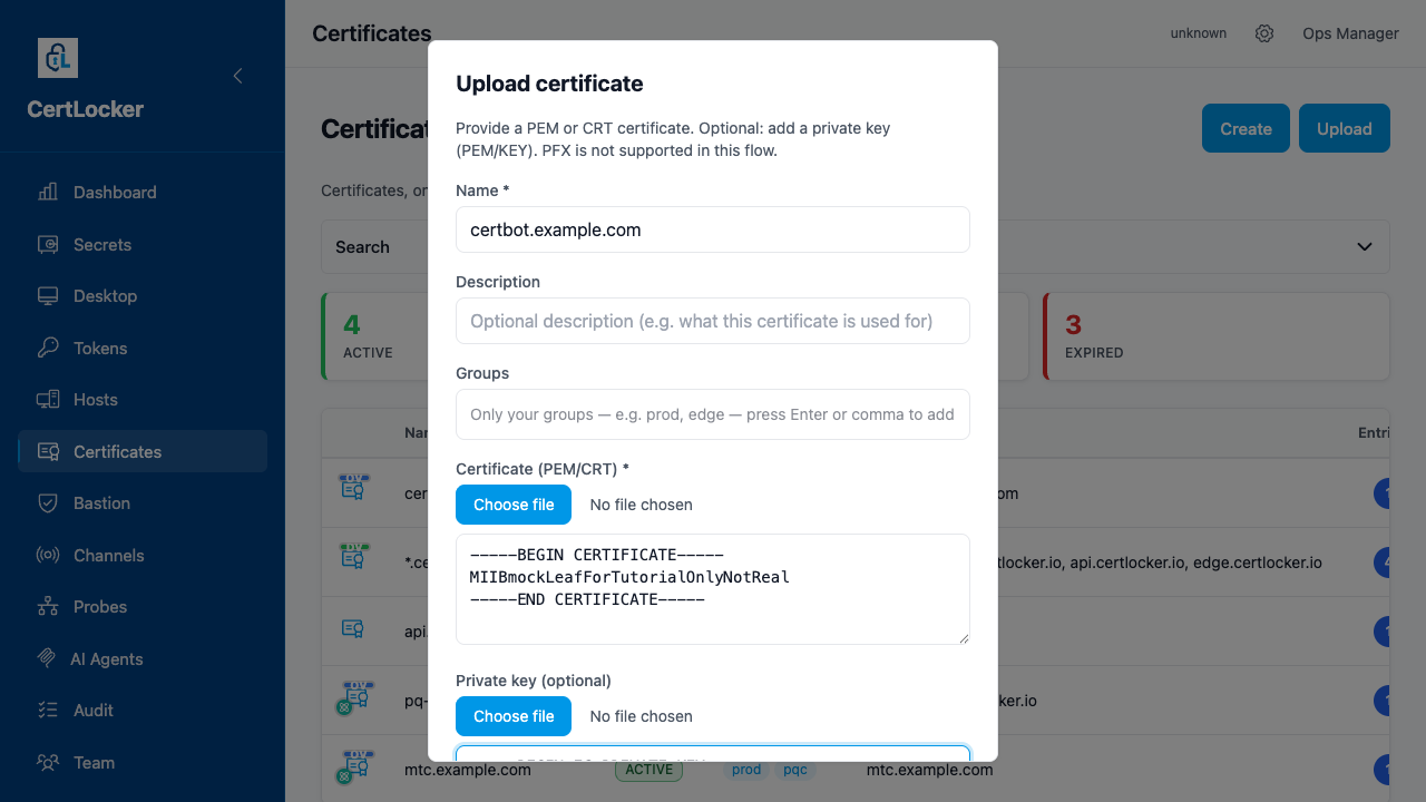 Upload certificate modal with PEM certificate and private key fields filled