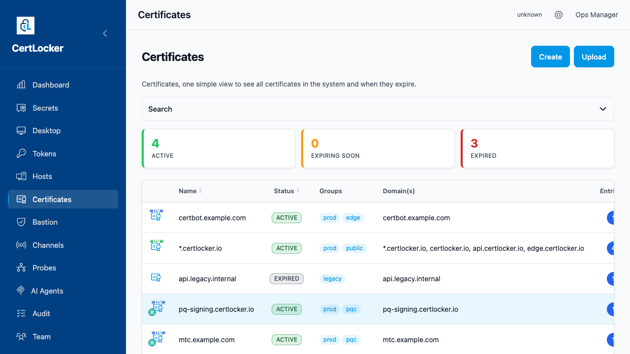 CertLocker Certificates inventory showing an ACTIVE certbot.example.com row