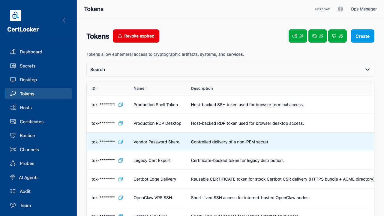 Tokens list including Certbot Edge Delivery certificate token