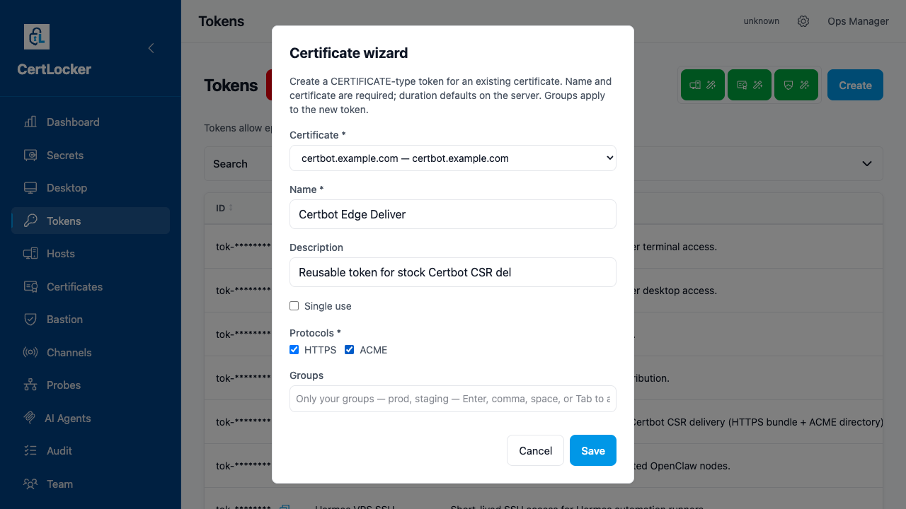 Certificate wizard with certbot.example.com selected and HTTPS plus ACME checked