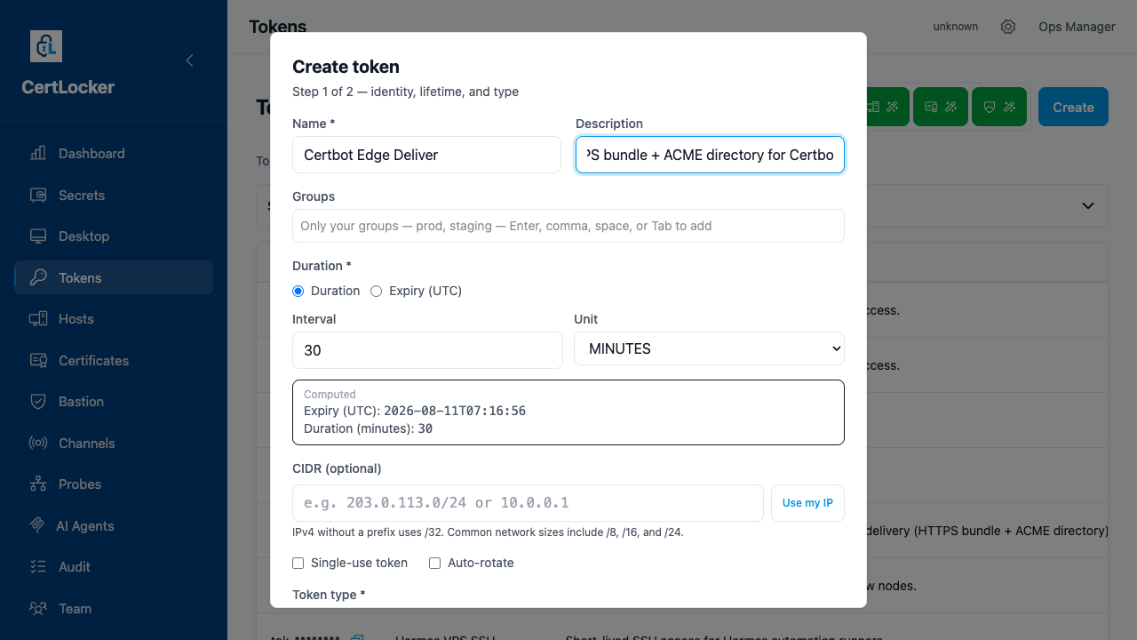 Create token modal step 1 with CERTIFICATE type selected