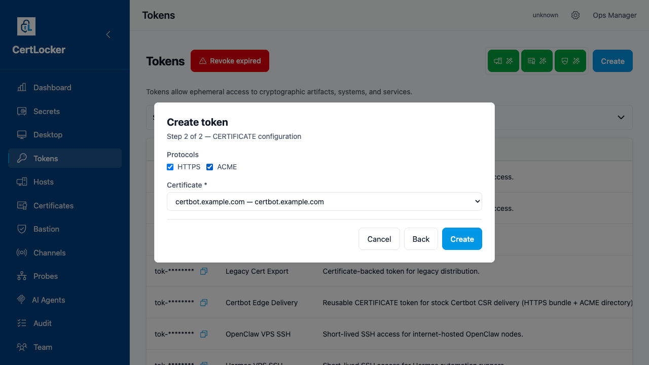Create token step 2 with HTTPS and ACME protocols and certificate selected