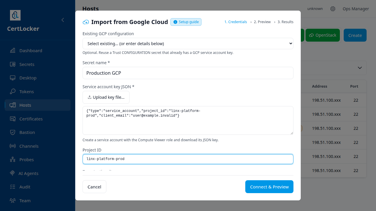 CertLocker Import from Google Cloud modal showing a masked publishing-safe service account example, project ID, setup guide, and Connect and Preview action