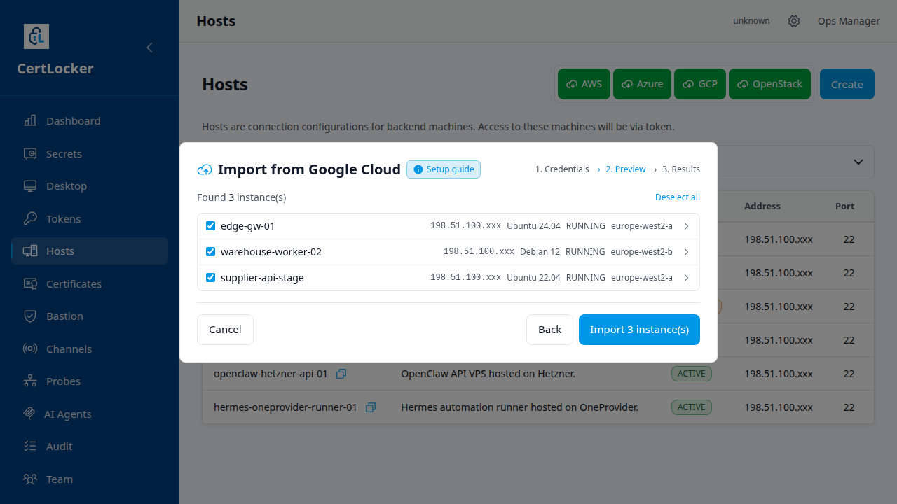 CertLocker Google Cloud host import preview showing three selected instances with names, masked addresses, operating systems, running state, and zones