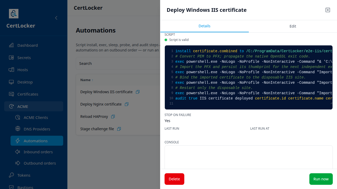 CertLocker Windows IIS automation showing readable PowerShell deployment steps.