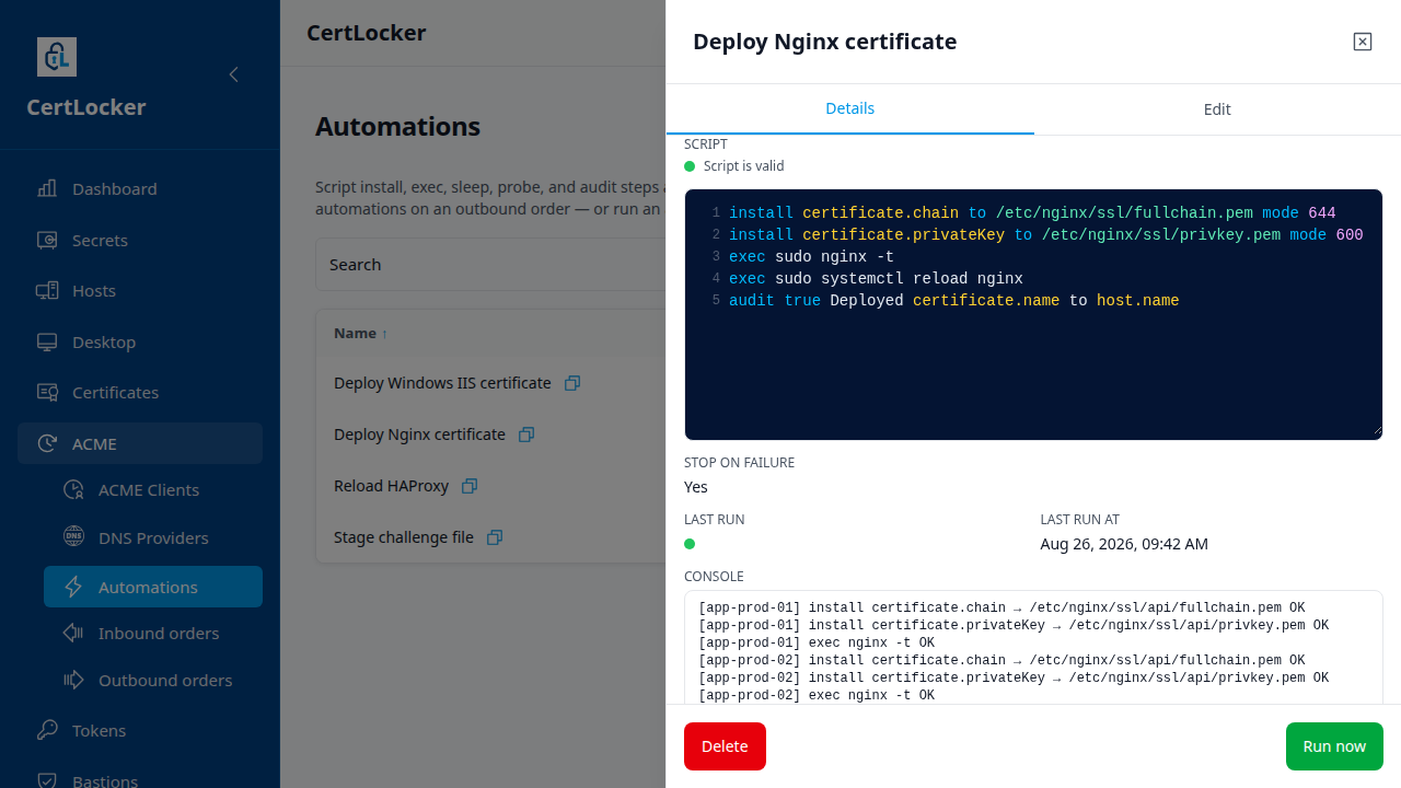 CertLocker automation detail drawer displaying individual install, exec and audit lines for nginx.