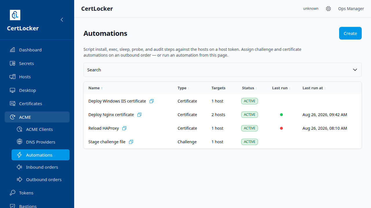 CertLocker Automations inventory showing Linux and Windows IIS certificate deployment entries, target counts and last run status.