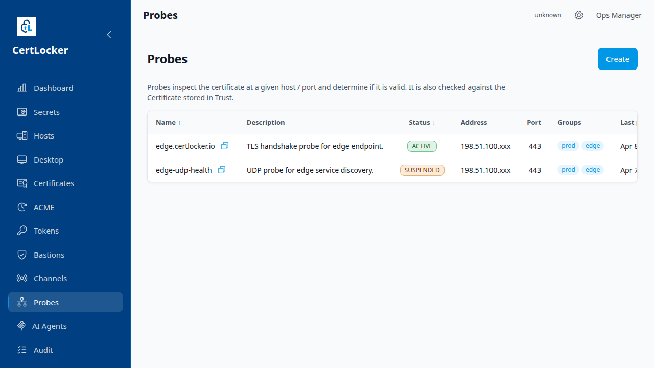 CertLocker Probes inventory displaying endpoint checks and their most recent result indicators.