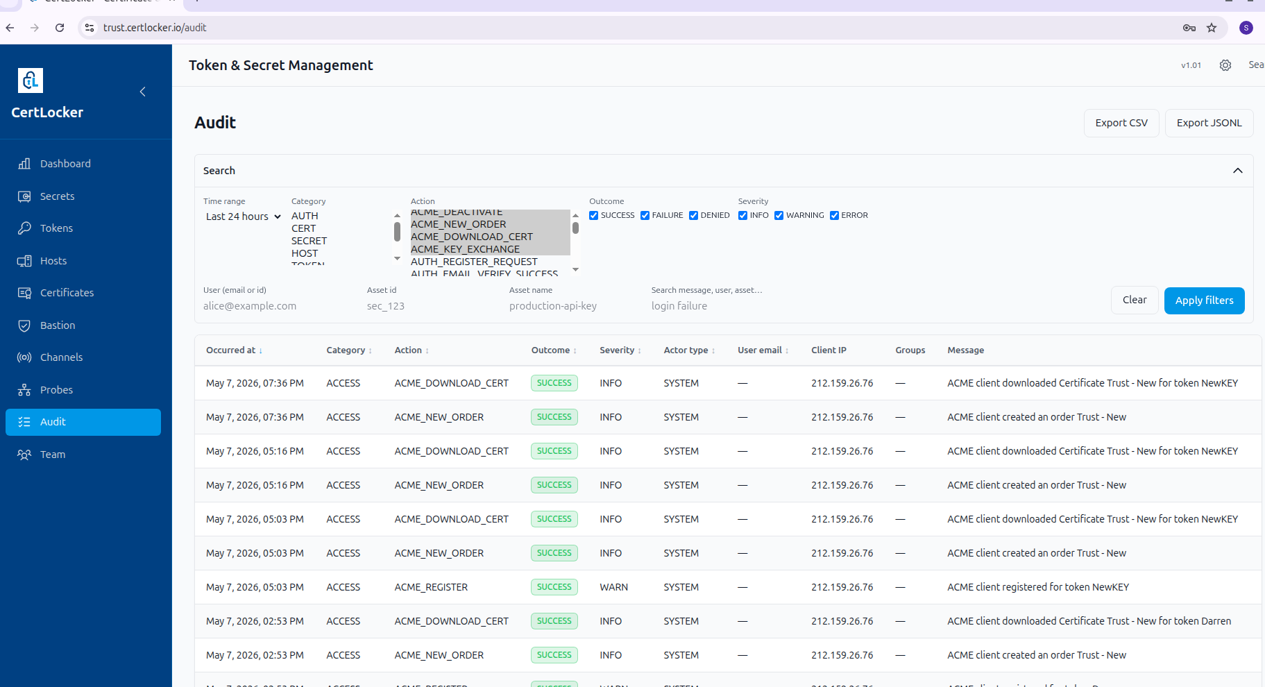 CertLocker audit log showing ACME register, order, finalize, and certificate download events