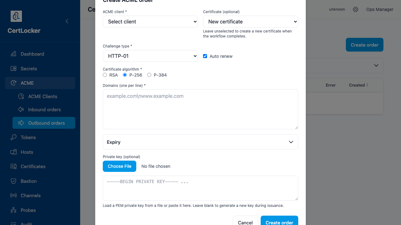 CertLocker Create ACME Order modal showing the private key (optional) field with a PEM textarea and a Choose File button for uploading the key