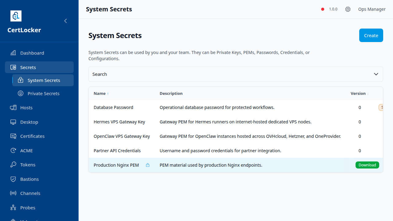 CertLocker Secrets list showing Production Nginx PEM with a discrete lock indicator alongside unlocked database and API credentials