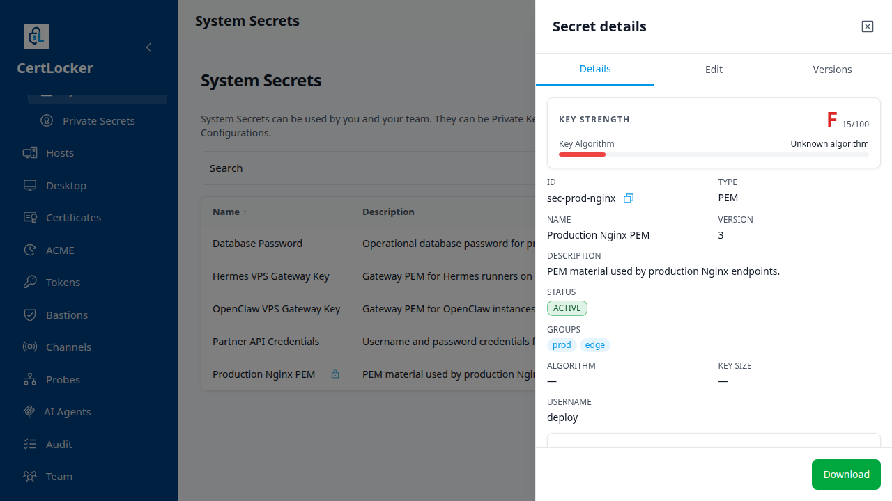 CertLocker Secret detail drawer for Production Nginx PEM displaying locked metadata, locker email, and disabled lifecycle actions