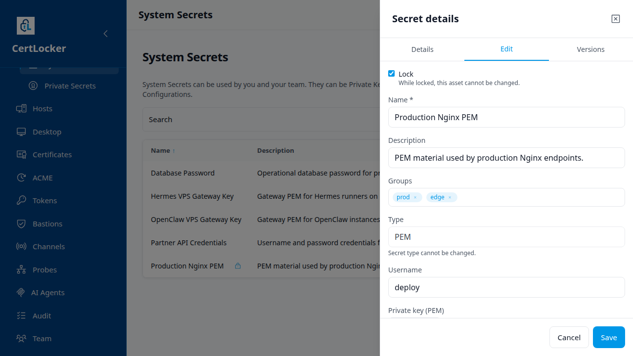 Secret edit drawer in CertLocker showing the Lock checkbox enabled and all input fields disabled
