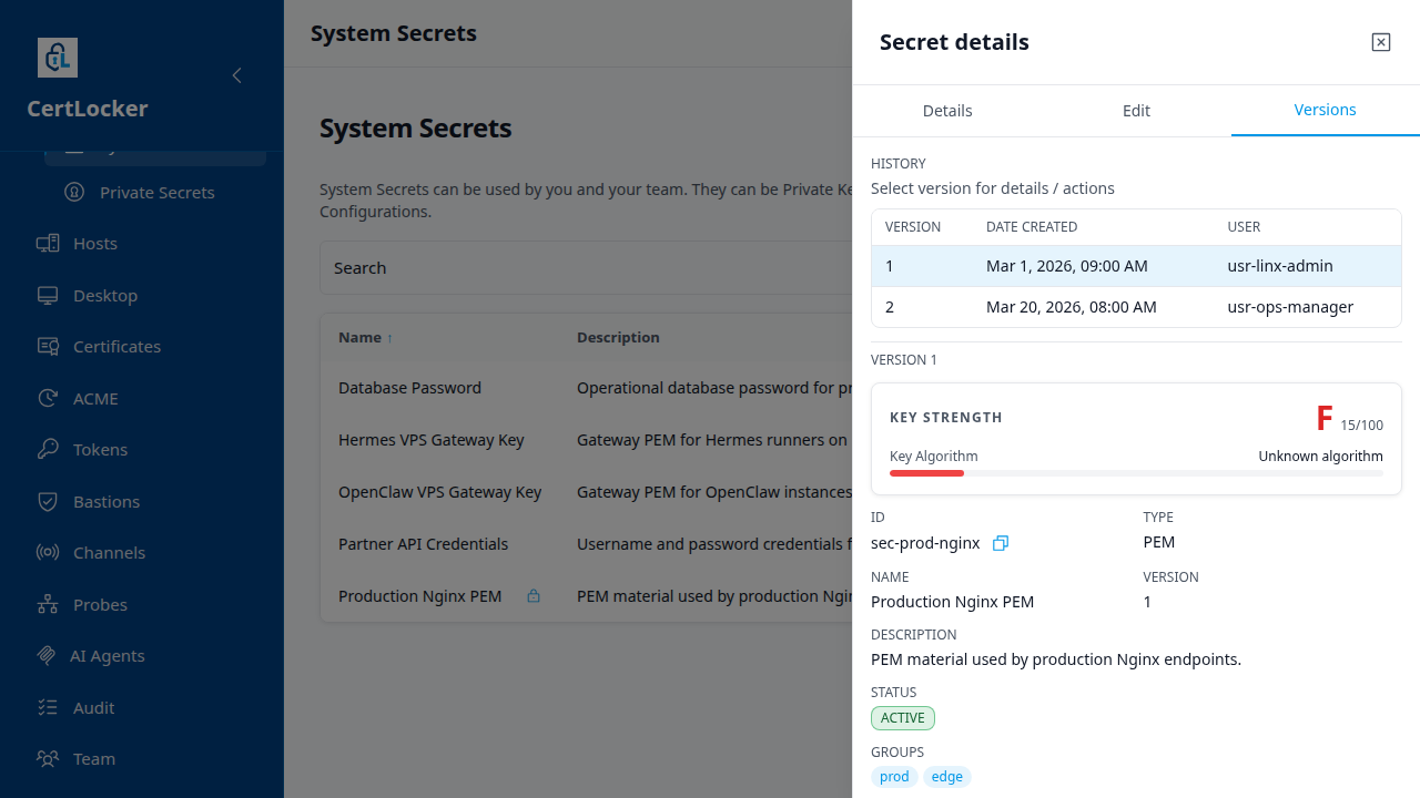 Secret version history drawer in CertLocker showing Version 1 and Version 2 snapshots with creation dates and user IDs
