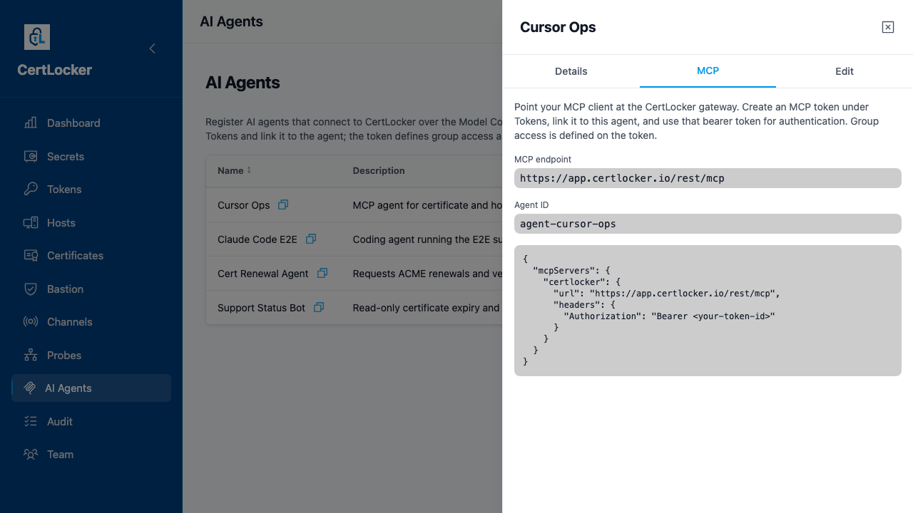 CertLocker agent detail drawer on the MCP tab showing the gateway endpoint https://app.certlocker.io/rest/mcp, the agent ID, and an example mcpServers JSON configuration