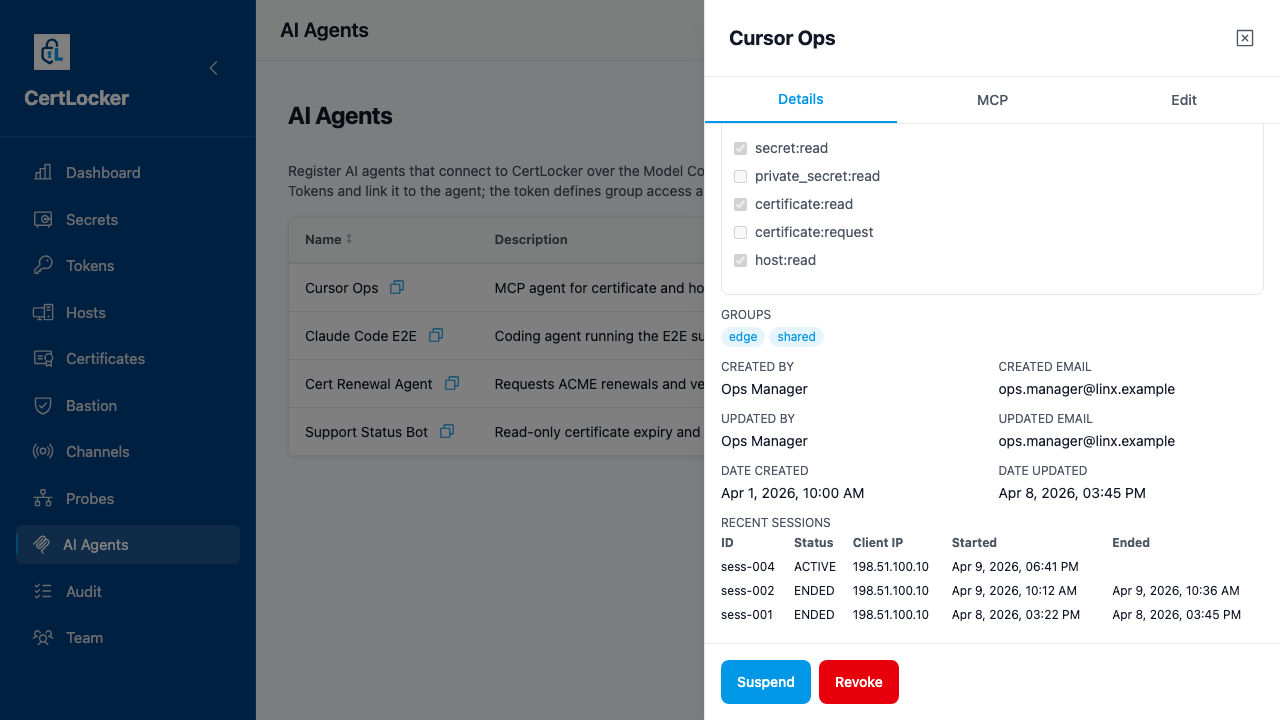 CertLocker agent detail drawer scrolled to show groups, created-by and updated-by metadata, and a recent sessions table with an active session and two ended sessions including client IPs and timestamps