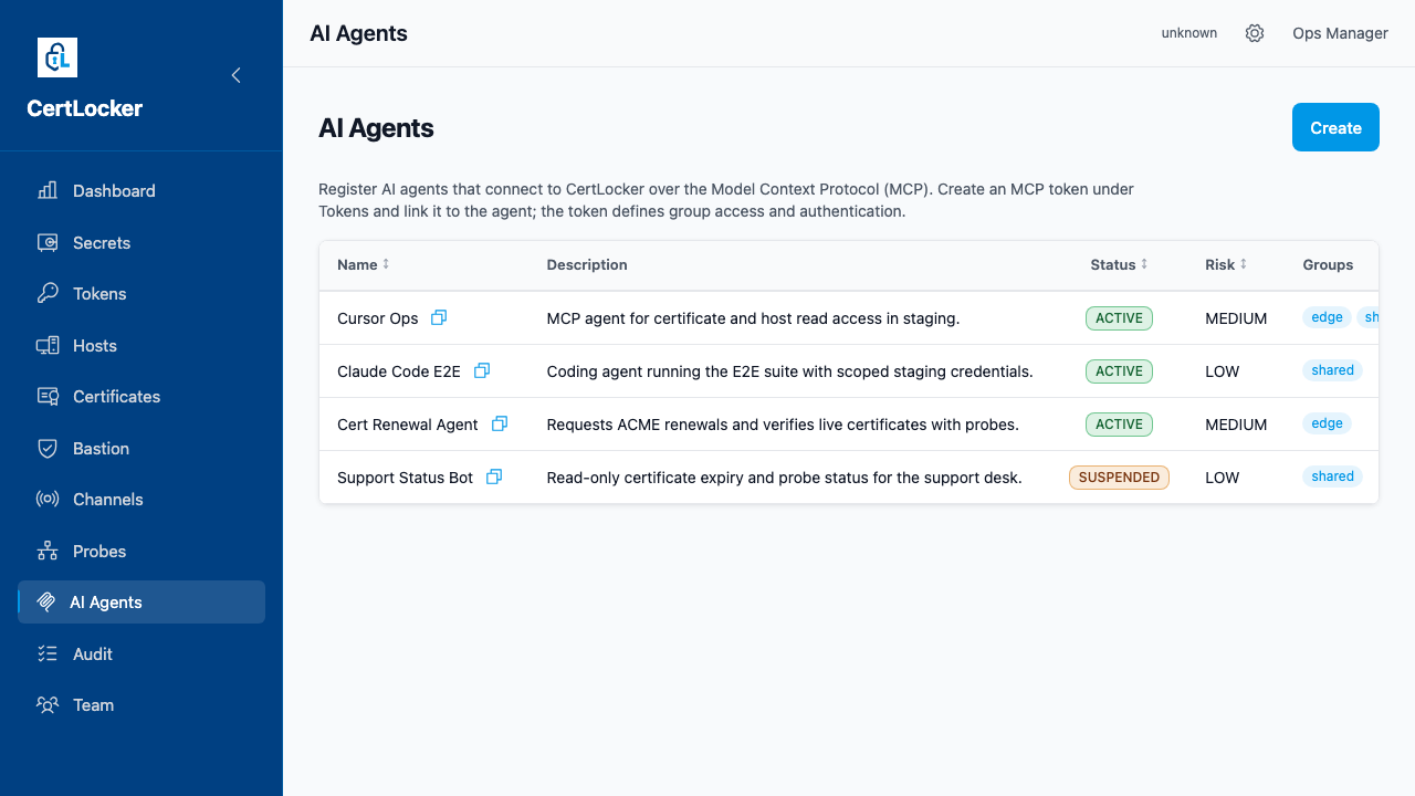 CertLocker AI Agents page listing four registered agents: Cursor Ops, Claude Code E2E, Cert Renewal Agent, and a suspended Support Status Bot, each with status, risk level, and group scope