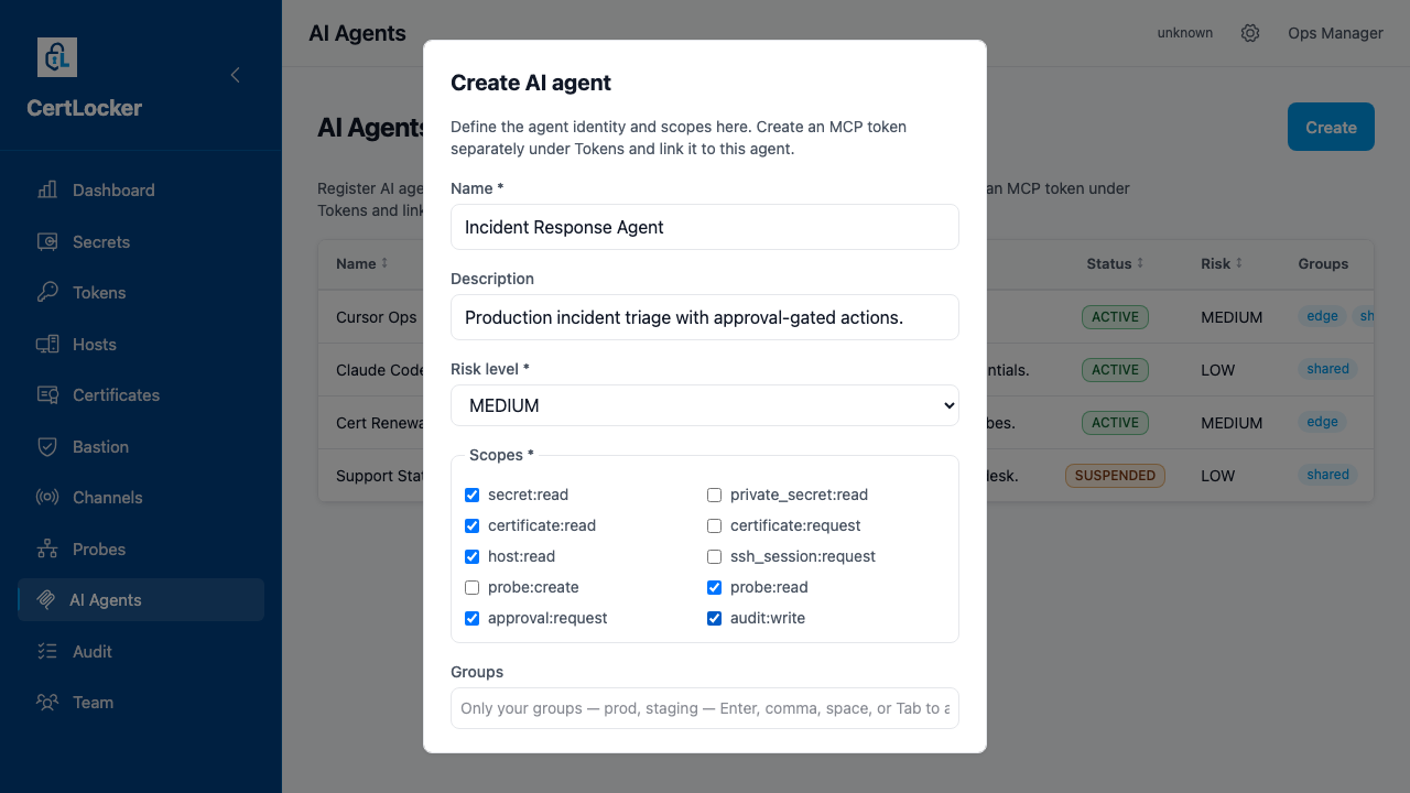 CertLocker Create AI agent modal with name Incident Response Agent, risk level MEDIUM, and a scope checklist showing secret:read, certificate:read, host:read, probe:read, approval:request, and audit:write selected