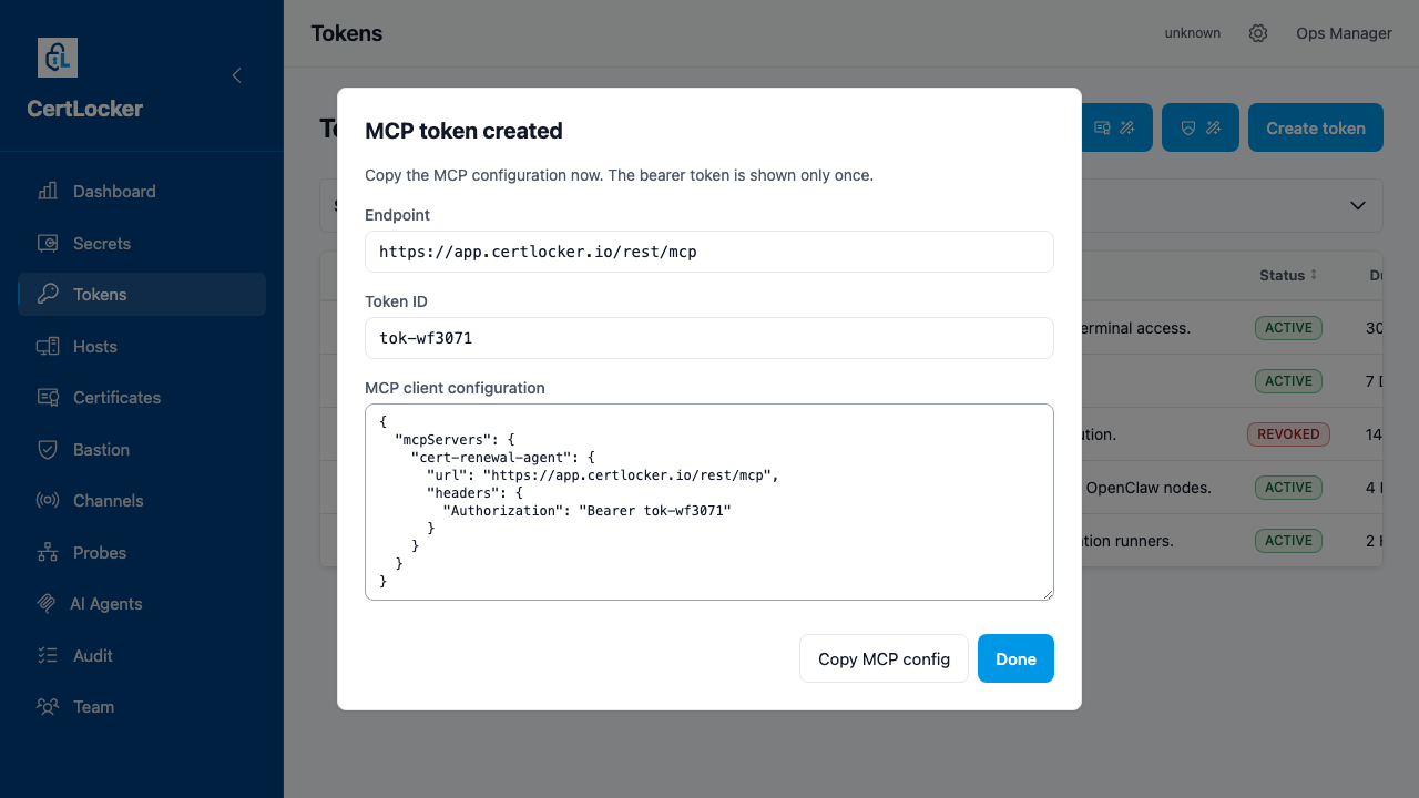 CertLocker MCP token created screen showing the gateway endpoint, the one-time token ID, and a complete mcpServers JSON configuration block with a Copy MCP config button