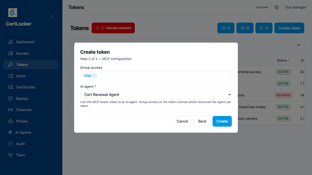 CertLocker Create token modal on step 2 of 2 showing MCP configuration with group access set to edge and the token linked to the Cert Renewal Agent