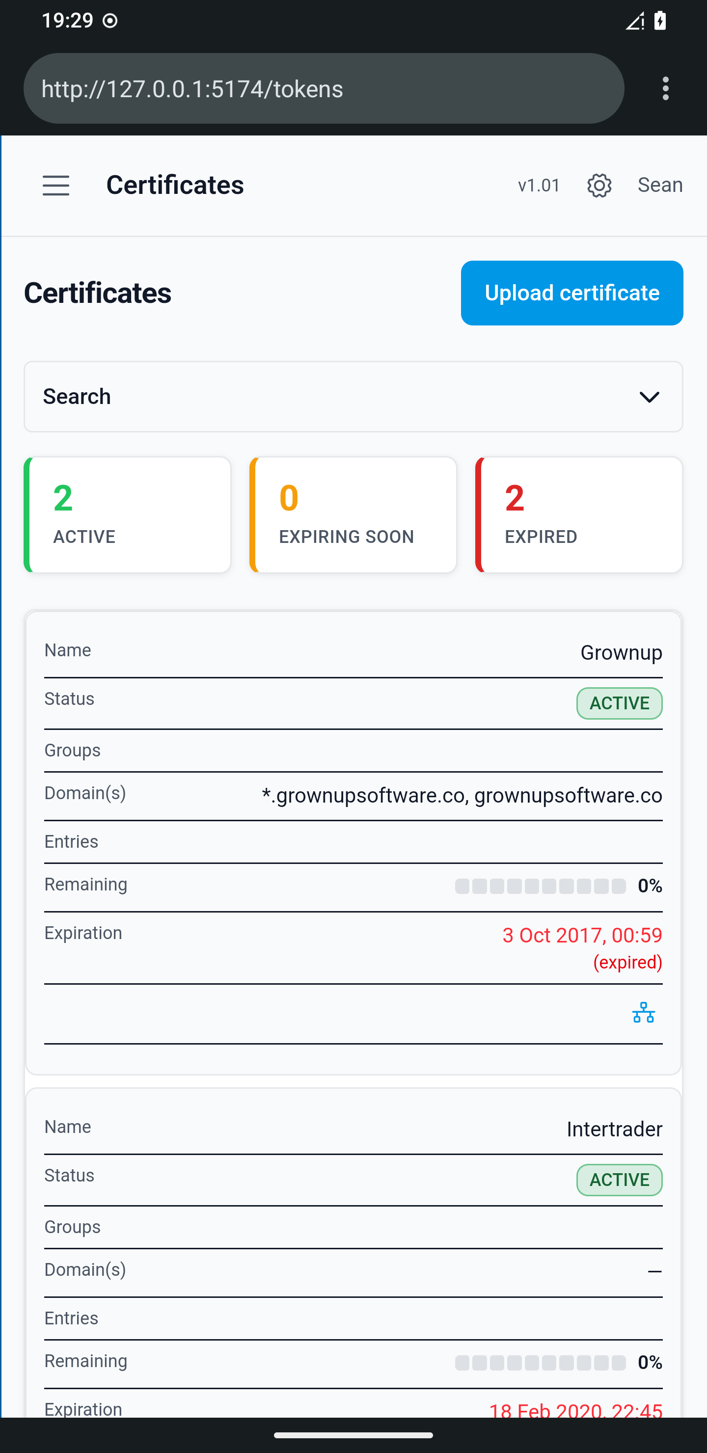 CertLocker dashboard on a Samsung phone with certificate and host widgets loaded