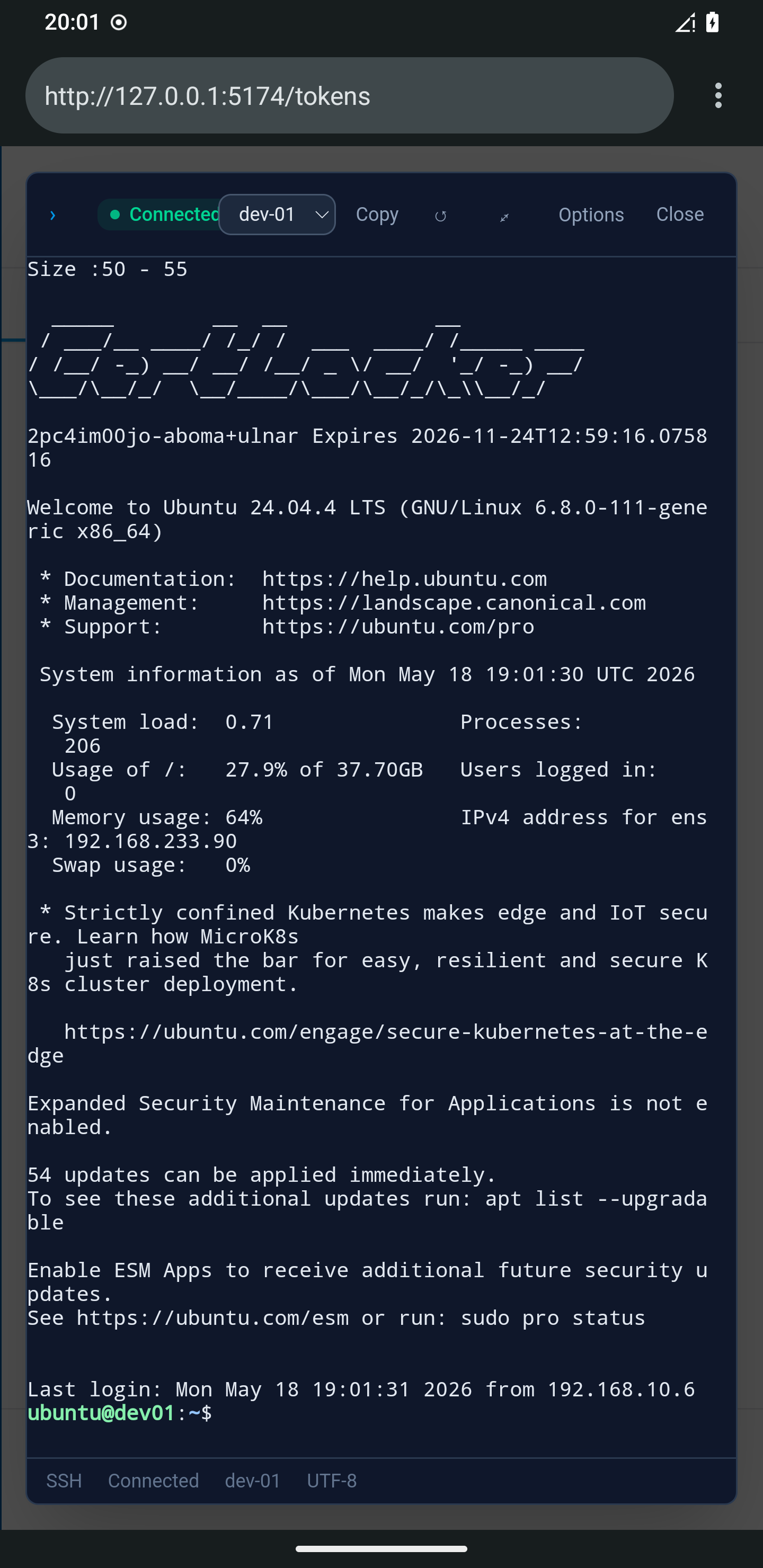 Live SSH session to dev-01 inside CertLocker on a phone browser