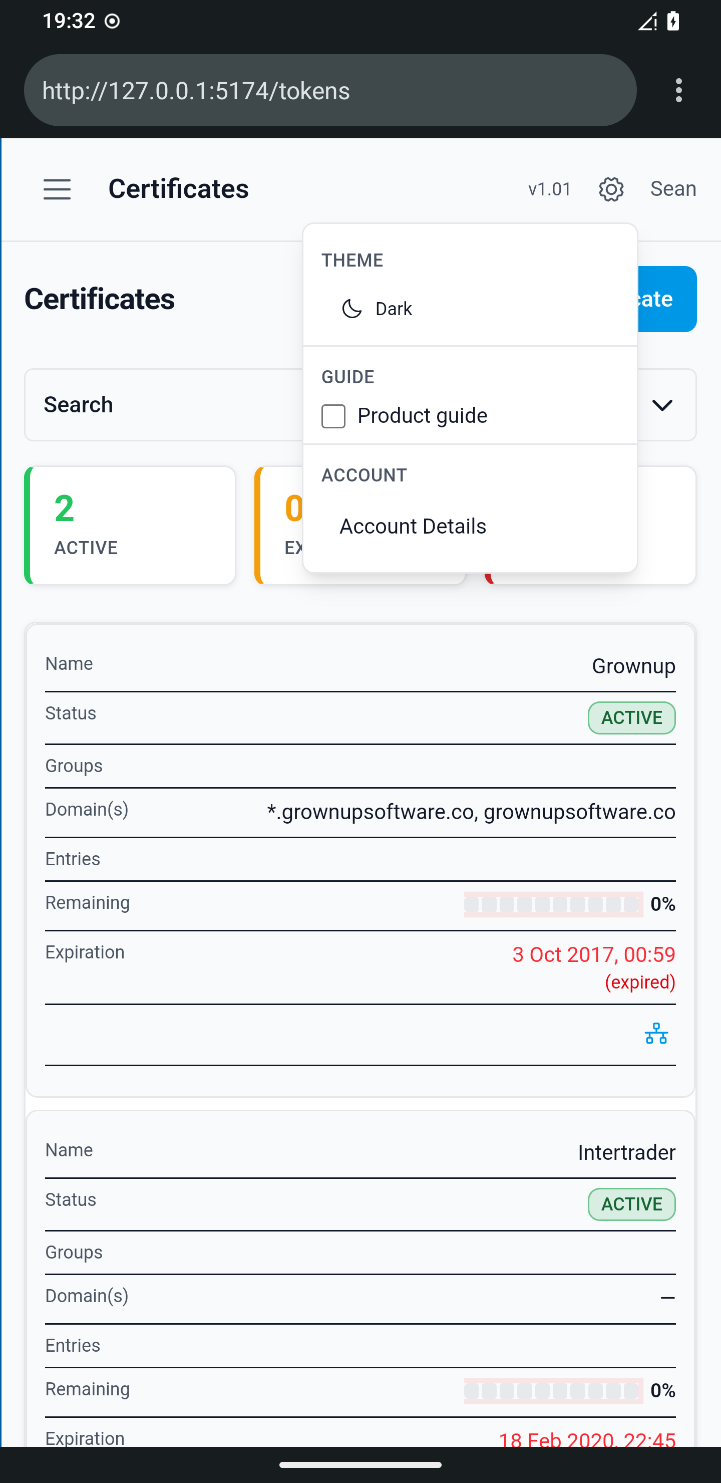 Token detail on mobile listing dev hosts with terminal actions