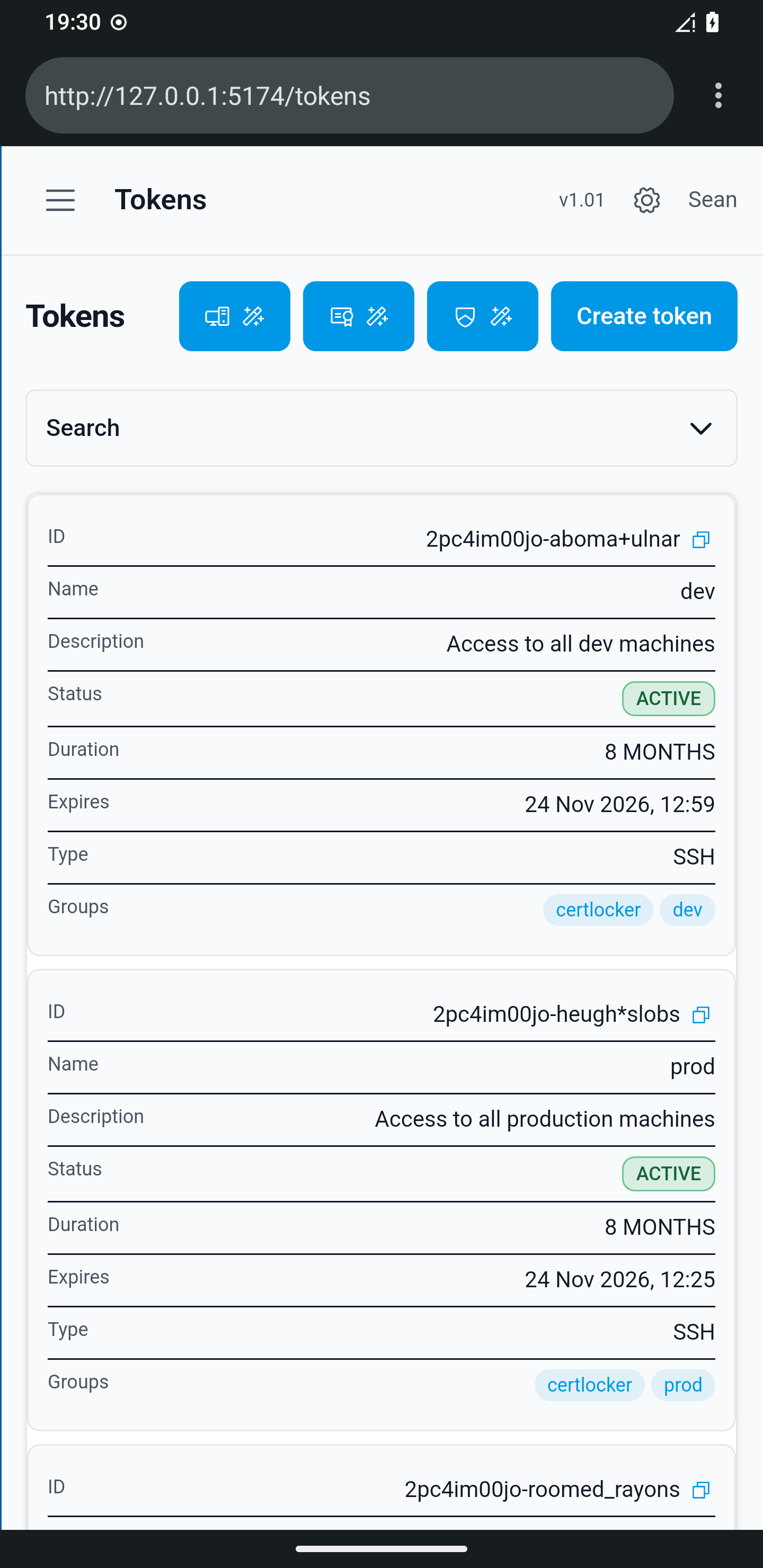 Tokens page on mobile showing scoped SSH tokens as cards