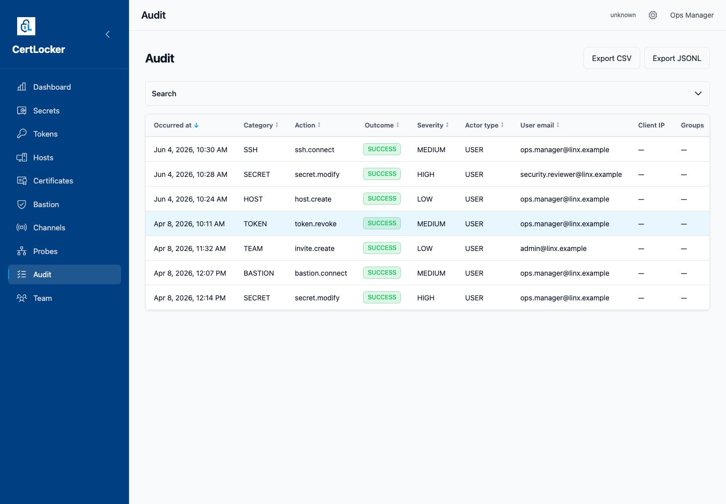 CertLocker audit log showing SSH, secret rotation, and host creation events for public VPS access