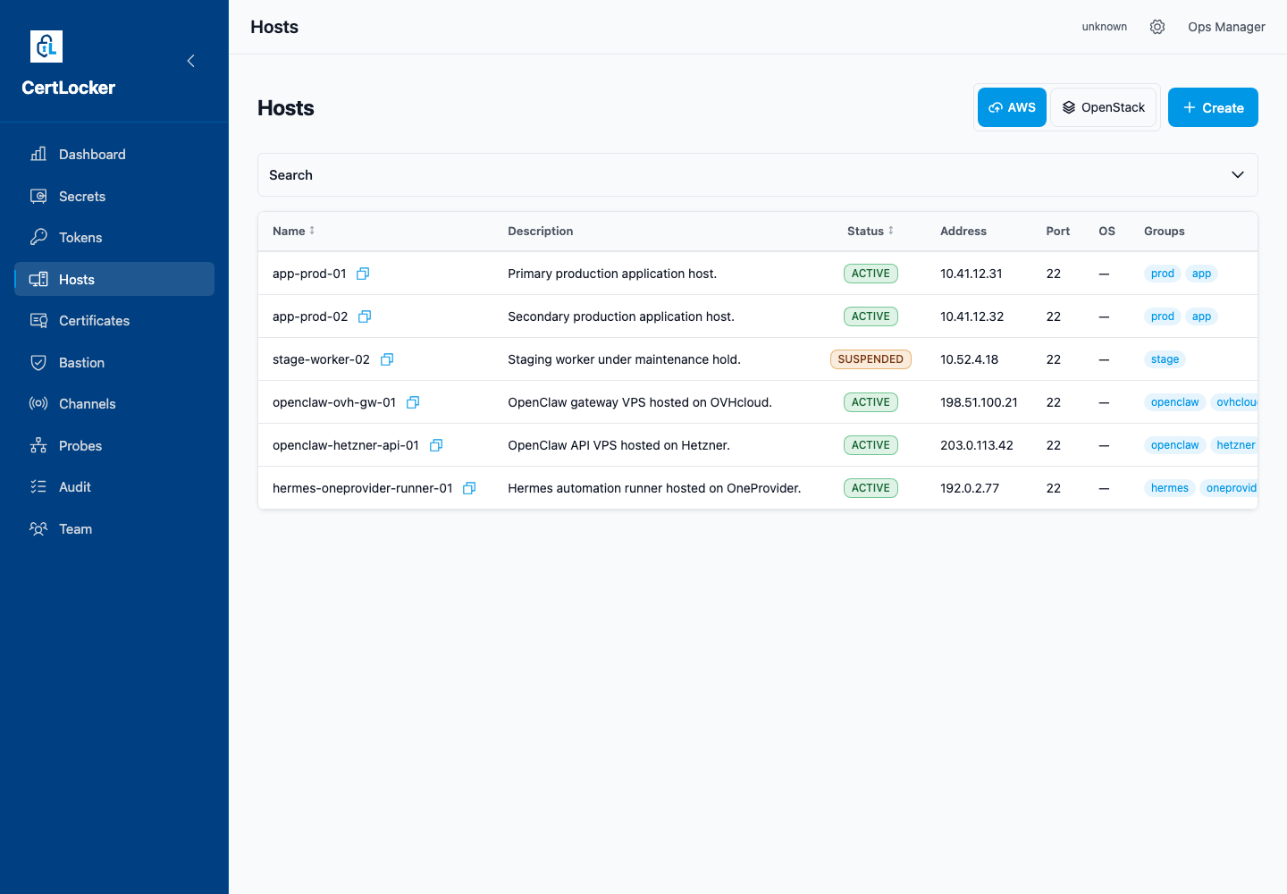 CertLocker hosts list showing OpenClaw and Hermes VPS instances across public providers