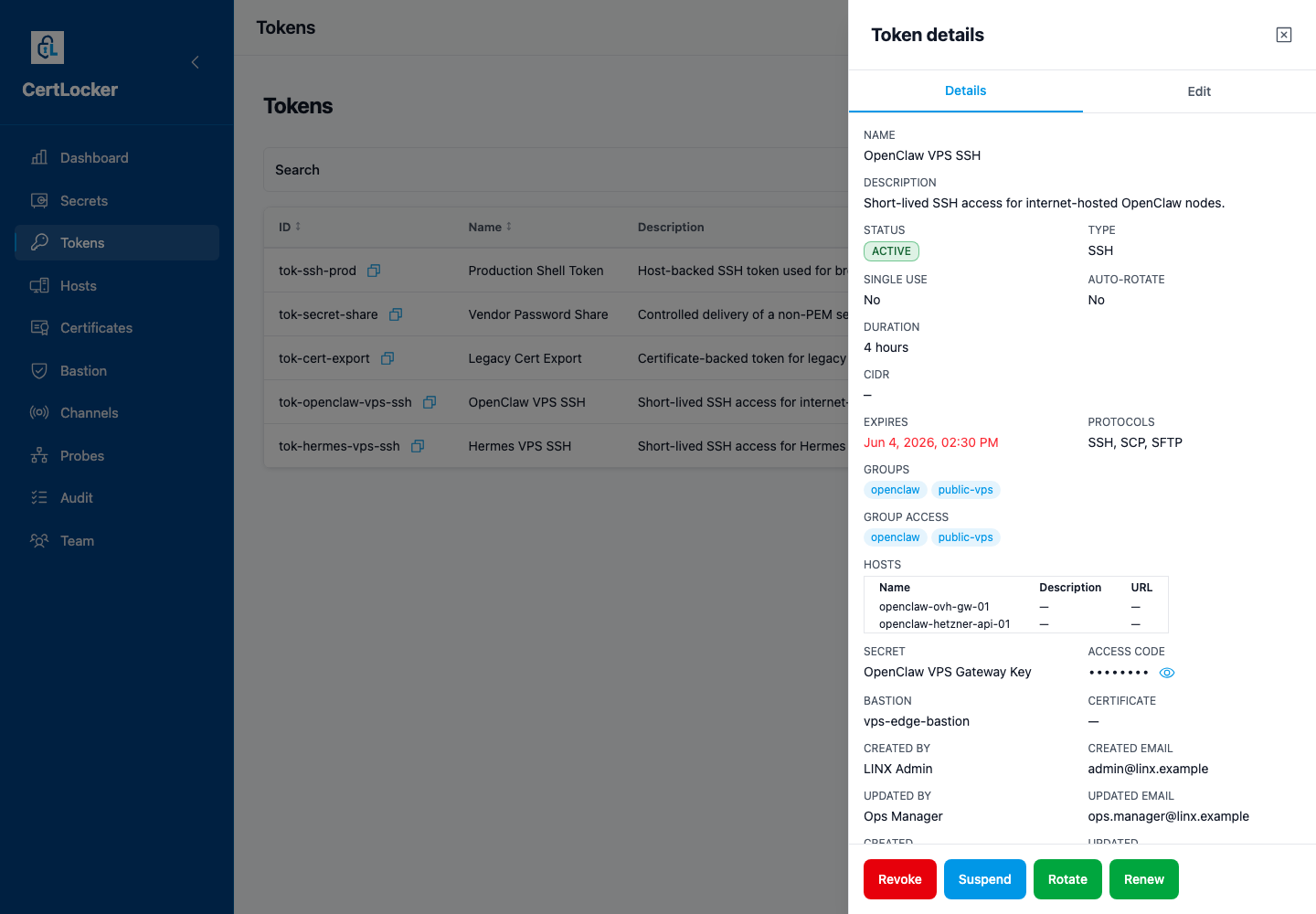 CertLocker token detail showing short-lived OpenClaw VPS SSH access scoped to selected hosts